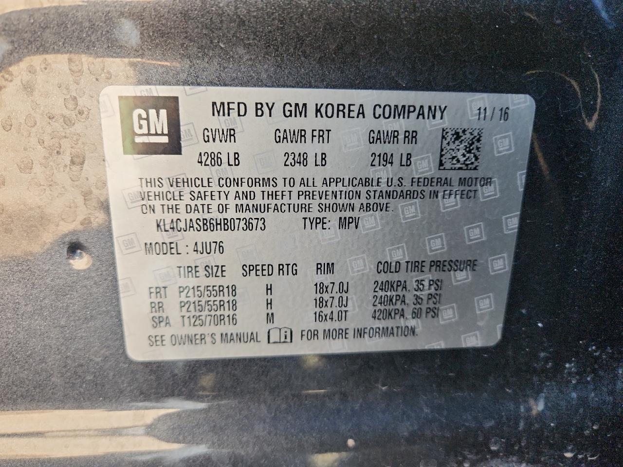 2017 Buick Encore Preferred VIN: KL4CJASB6HB073673 Lot: 86464245