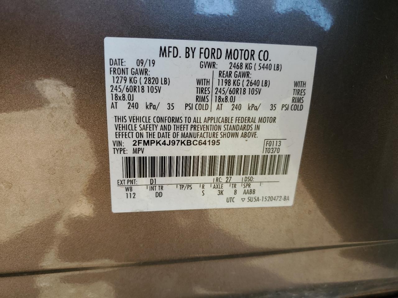 2019 Ford Edge Sel VIN: 2FMPK4J97KBC64195 Lot: 82525275