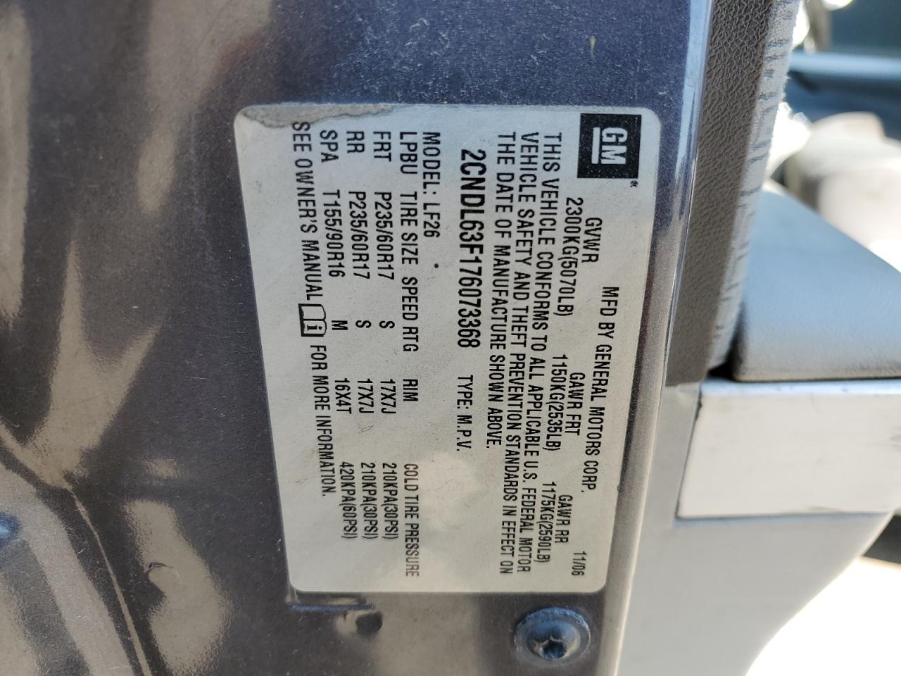 2007 Chevrolet Equinox Lt VIN: 2CNDL63F176073368 Lot: 90214645