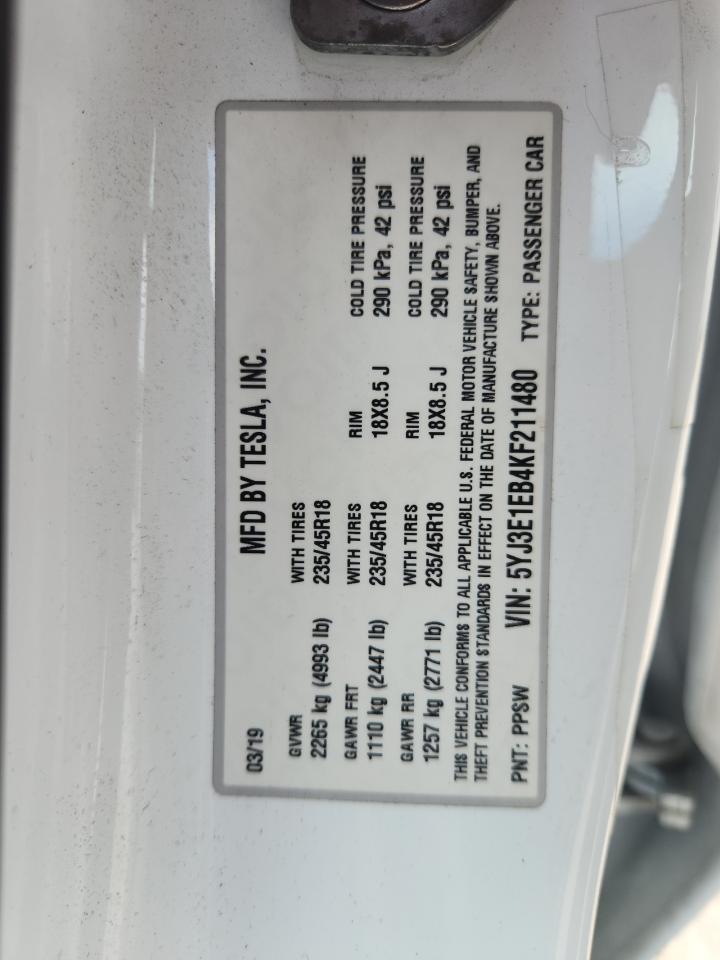 2019 Tesla Model 3 VIN: 5YJ3E1EB4KF211480 Lot: 85274135