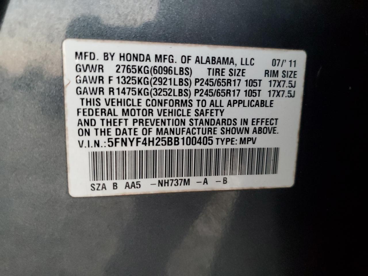 2011 Honda Pilot Lx VIN: 5FNYF4H25BB100405 Lot: 81937325