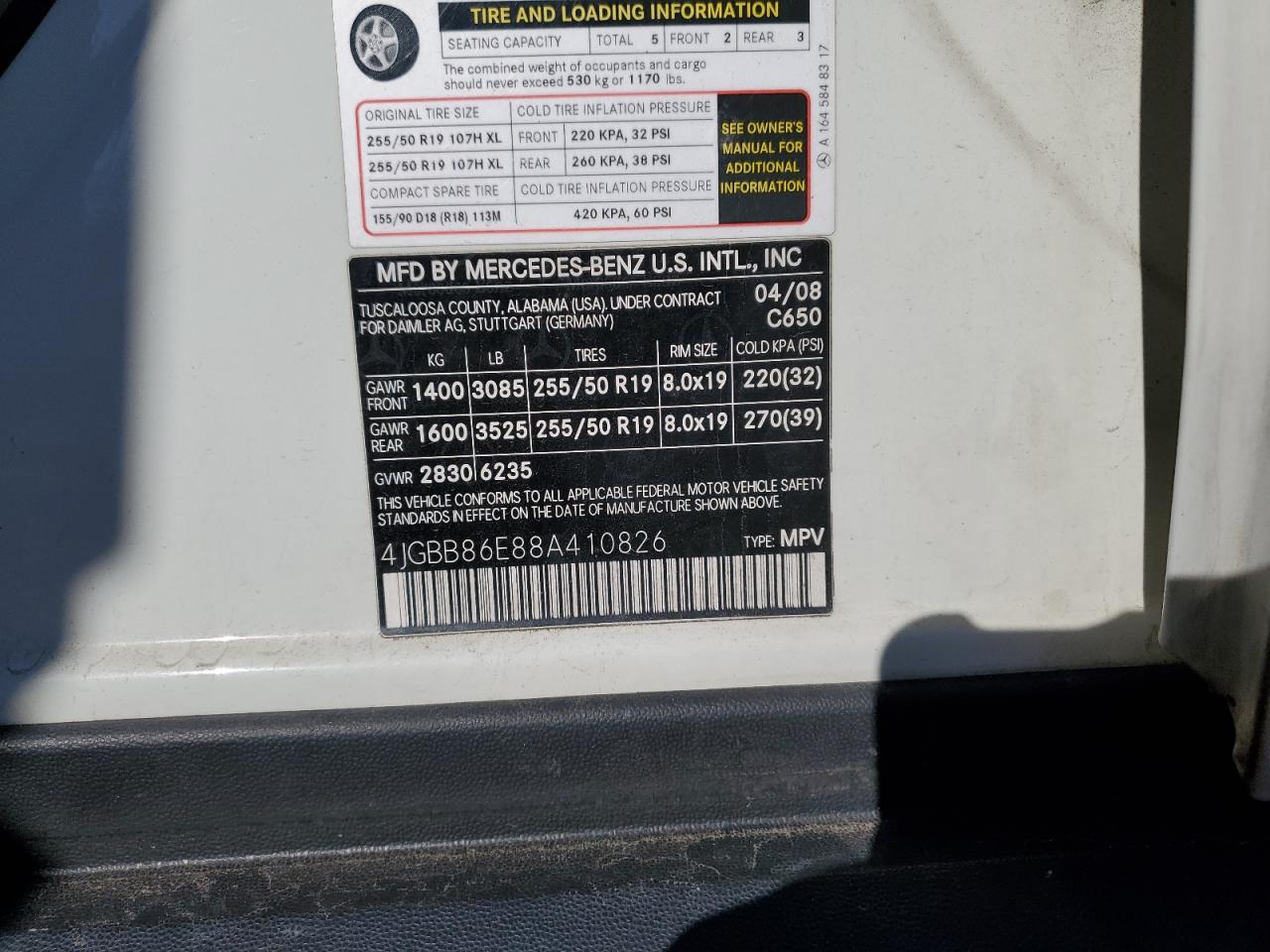 2008 Mercedes-Benz Ml 350 VIN: 4JGBB86E88A410826 Lot: 84348015