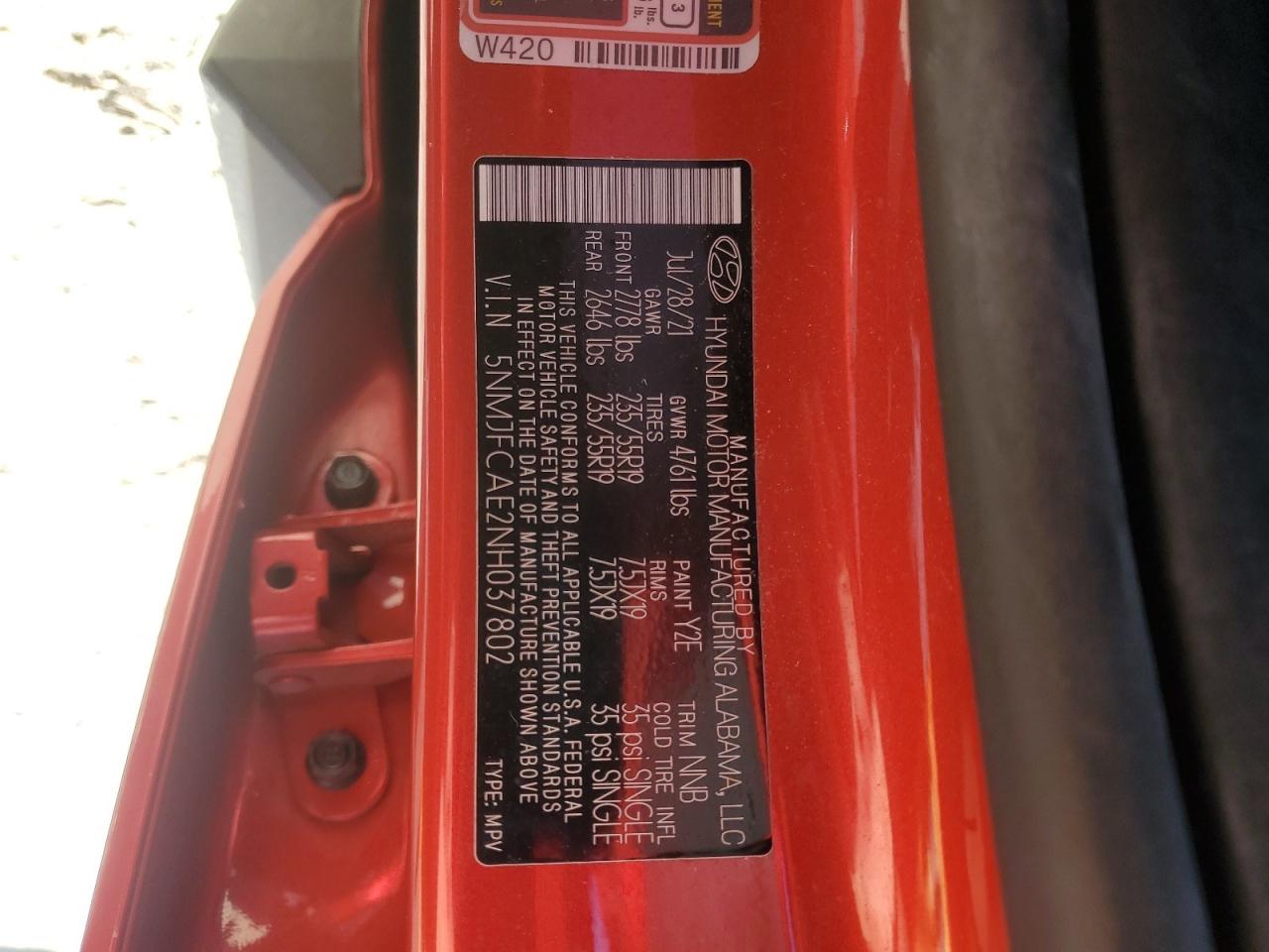 2022 Hyundai Tucson Sel VIN: 5NMJFCAE2NH037802 Lot: 85390515