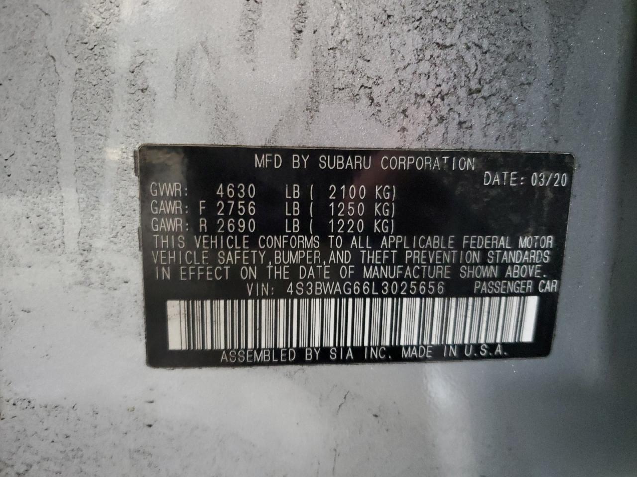 2020 Subaru Legacy Sport VIN: 4S3BWAG66L3025656 Lot: 85151415