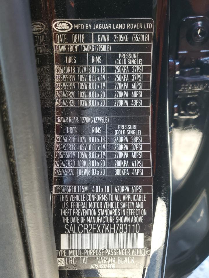 2019 Land Rover Discovery Sport Hse VIN: SALCR2FX7KH783110 Lot: 84934265