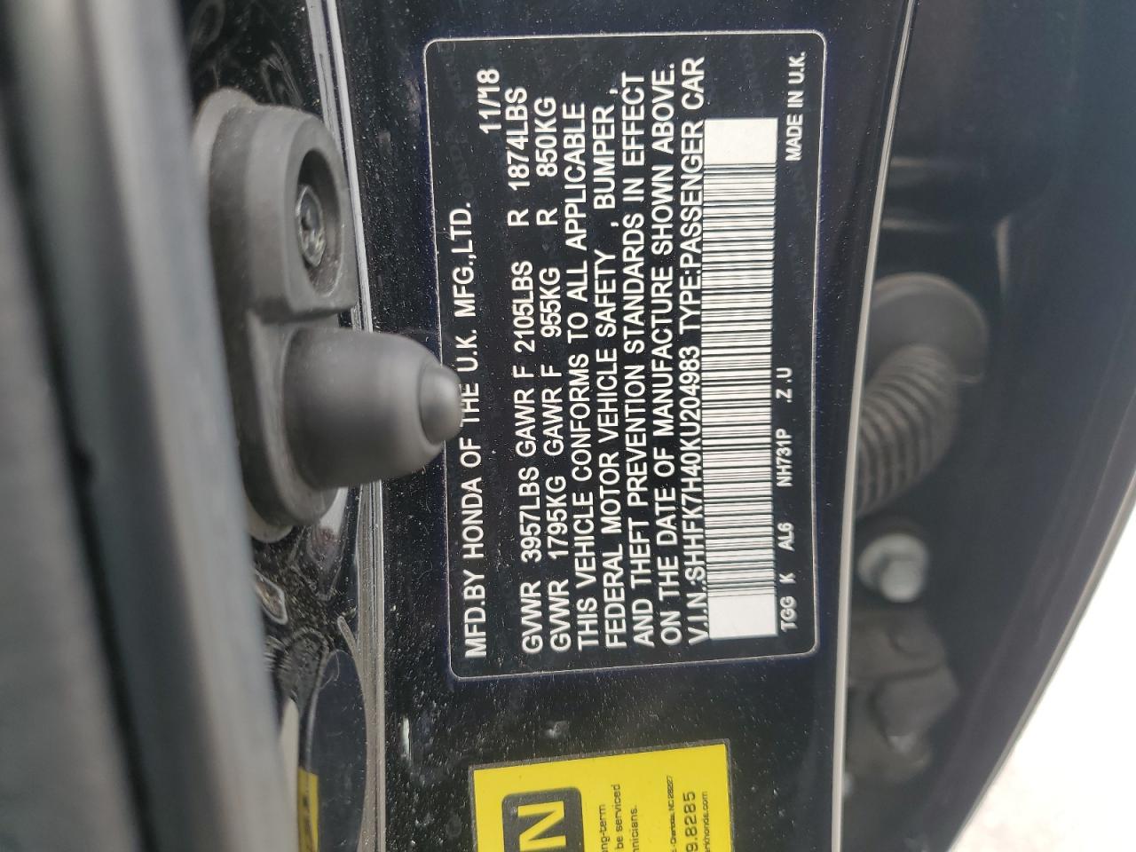 2019 Honda Civic Sport VIN: SHHFK7H40KU204983 Lot: 82368955