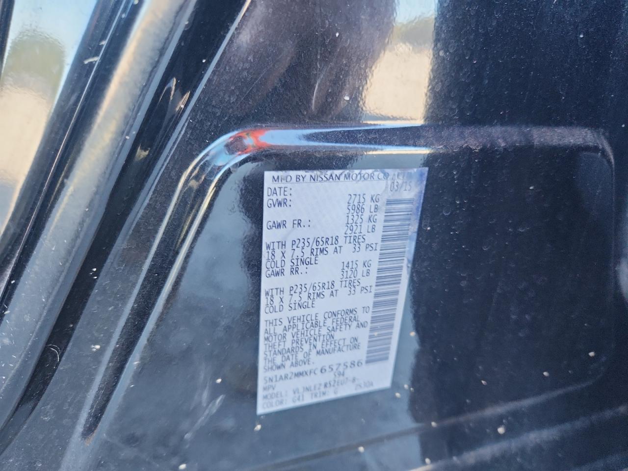 2015 Nissan Pathfinder S VIN: 5N1AR2MMXFC657586 Lot: 81954165