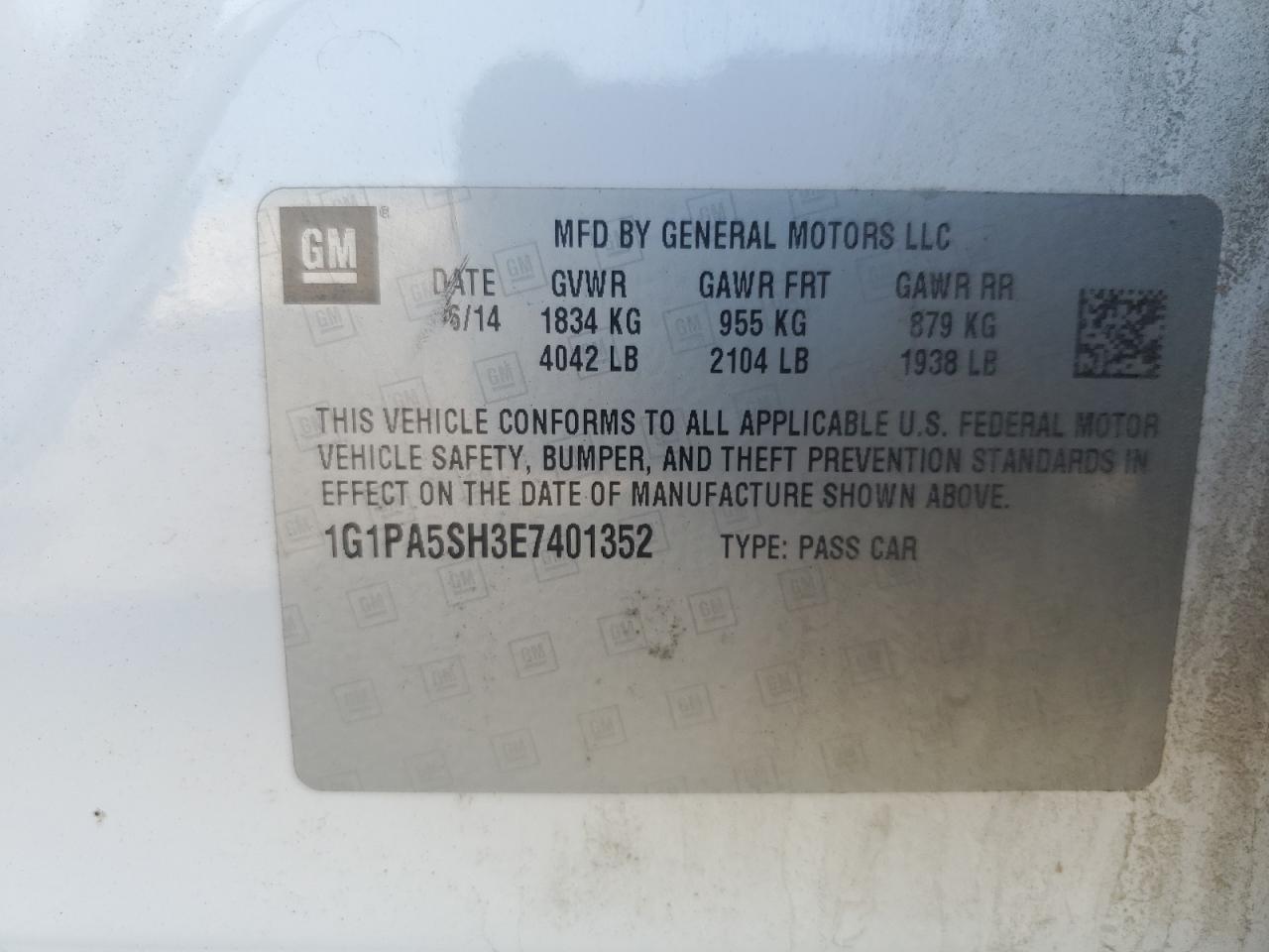 2014 Chevrolet Cruze Ls VIN: 1G1PA5SH3E7401352 Lot: 84993525