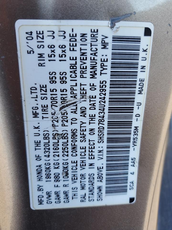 2004 Honda Cr-V Lx VIN: SHSRD78434U242955 Lot: 86658335