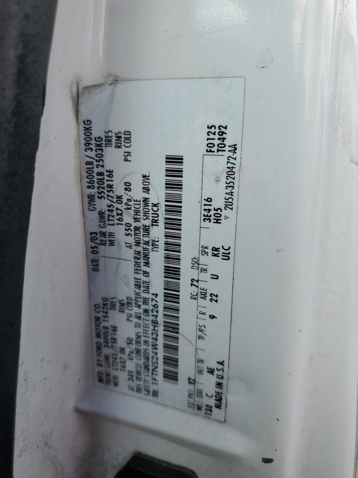 2003 Ford Econoline E250 Van VIN: 1FTNS24W43HB42674 Lot: 84937655