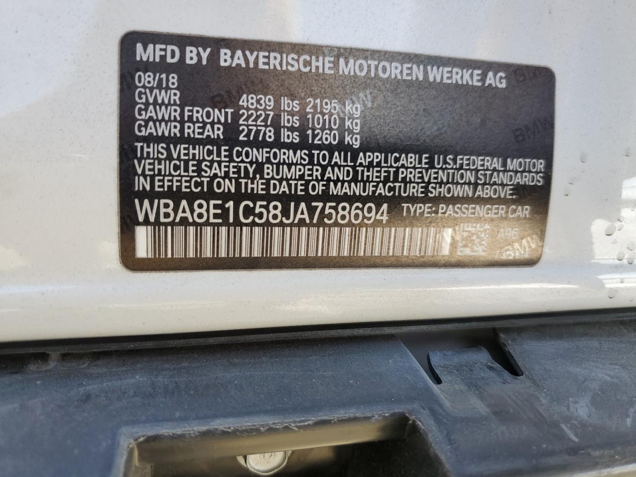 2018 BMW 330E VIN: WBA8E1C58JA758694 Lot: 82207905