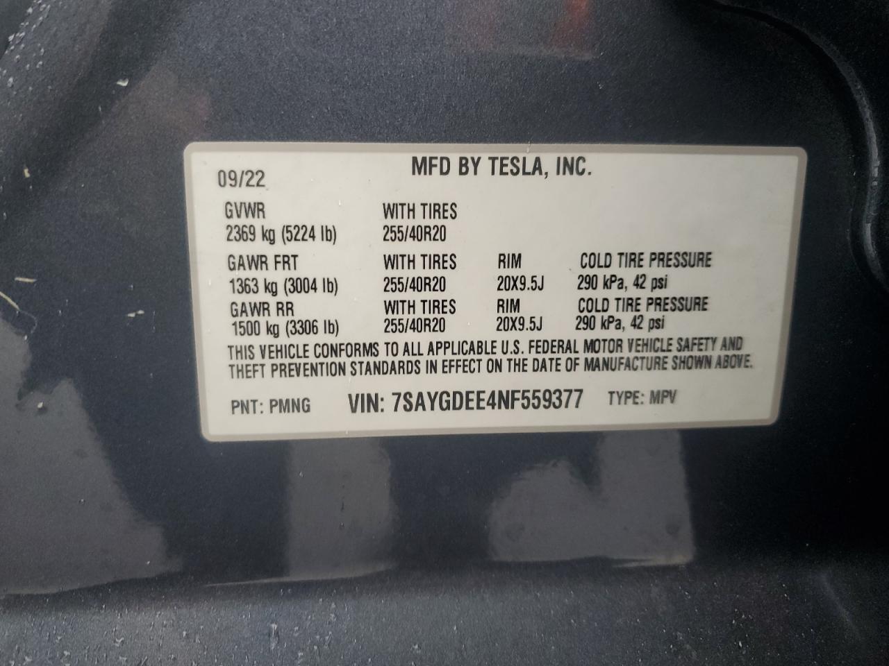 2022 Tesla Model Y VIN: 7SAYGDEE4NF559377 Lot: 84427275