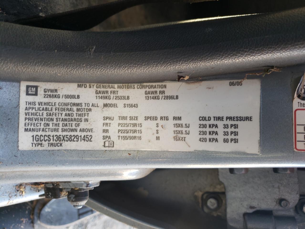 2005 Chevrolet Colorado VIN: 1GCCS136X58291452 Lot: 82222615