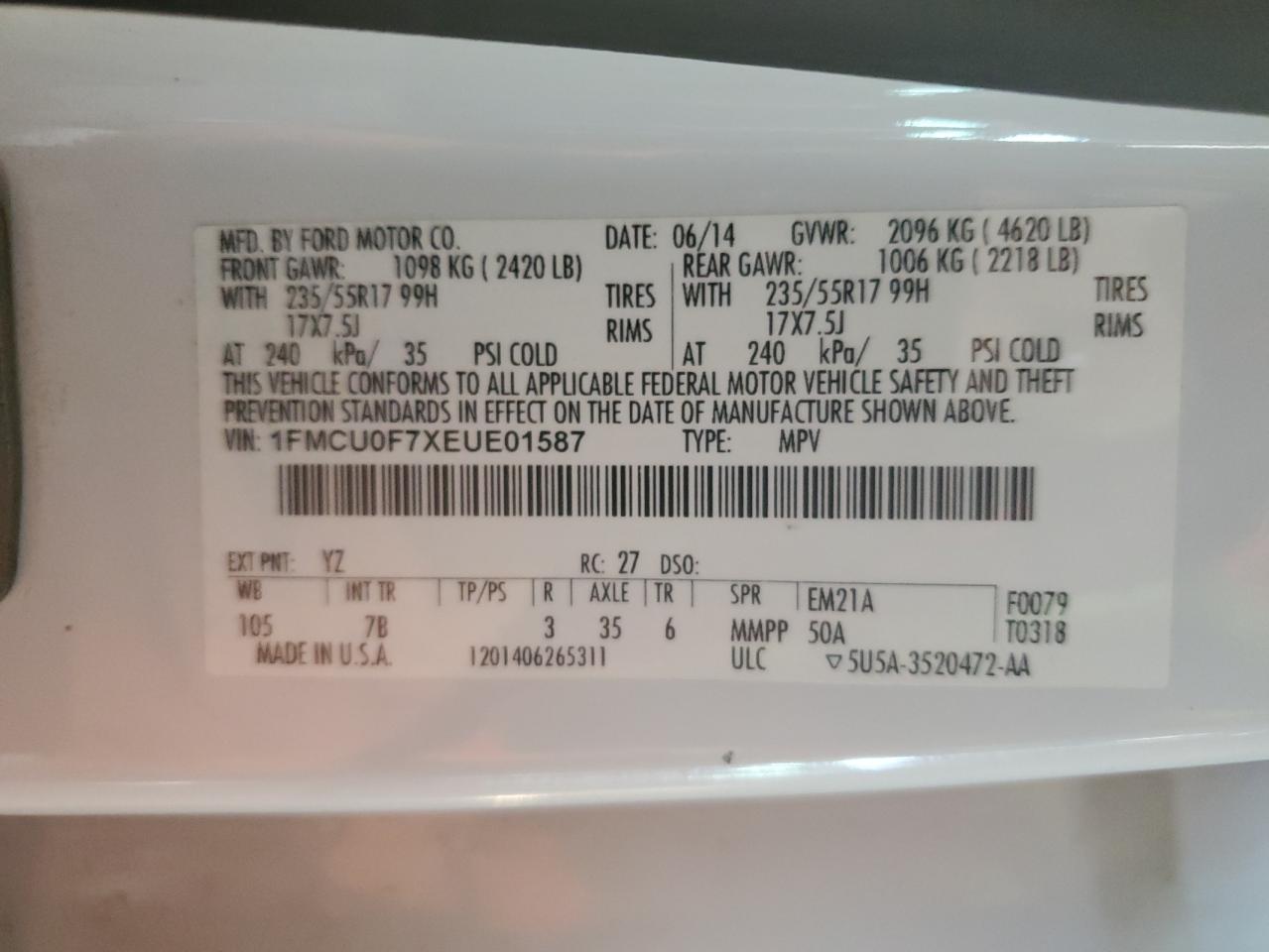 2014 Ford Escape S VIN: 1FMCU0F7XEUE01587 Lot: 90095075