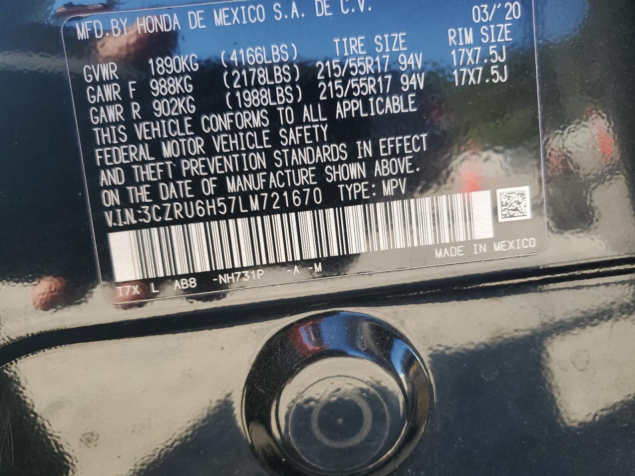 2020 Honda Hr-V Ex VIN: 3CZRU6H57LM721670 Lot: 82568975