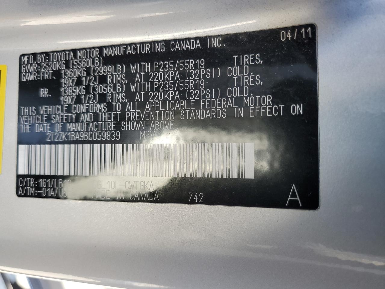 2011 Lexus Rx 350 VIN: 2T2ZK1BA9BC059839 Lot: 86168455