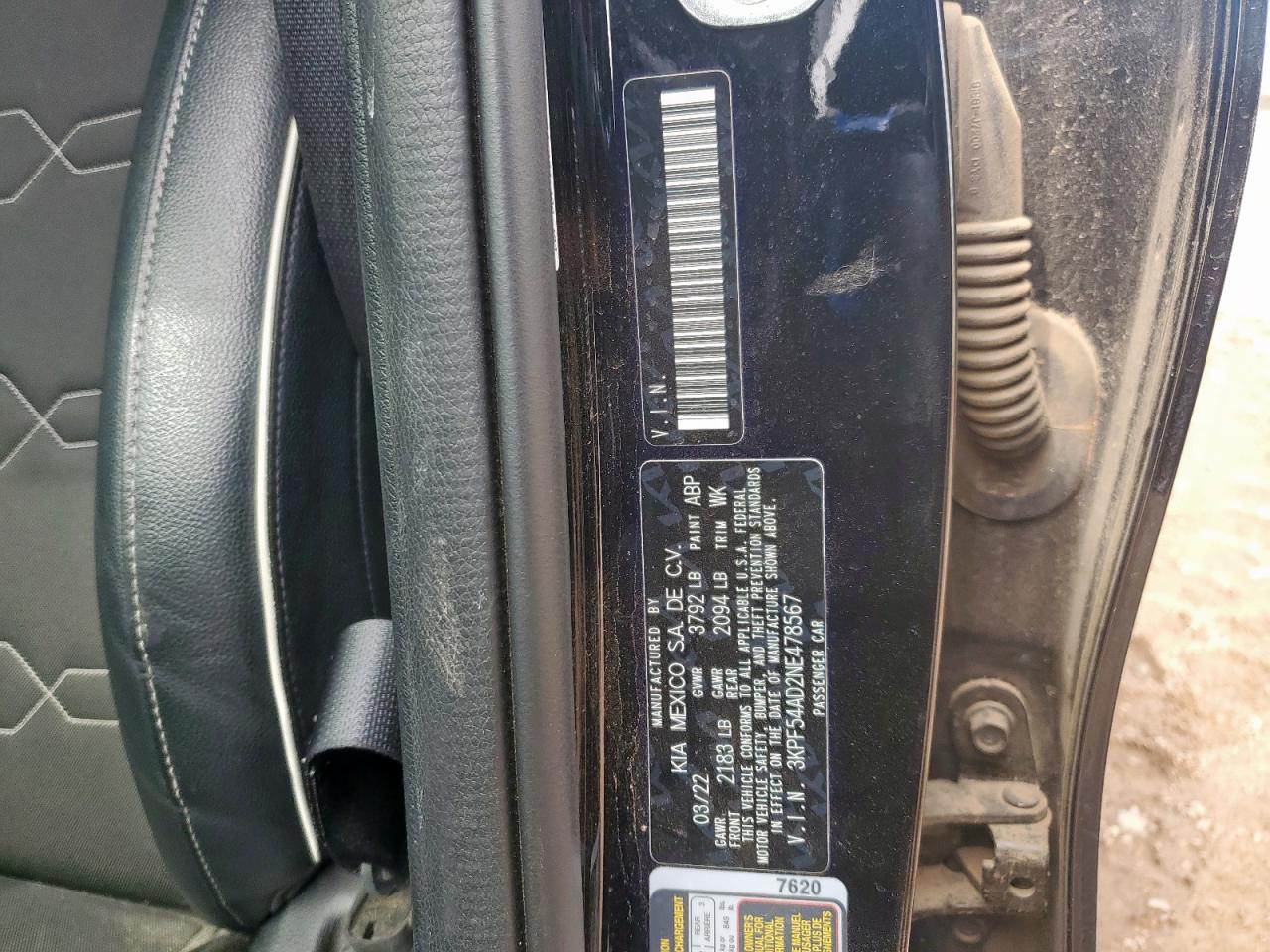 2022 Kia Forte Gt Line VIN: 3KPF54AD2NE478567 Lot: 85316055