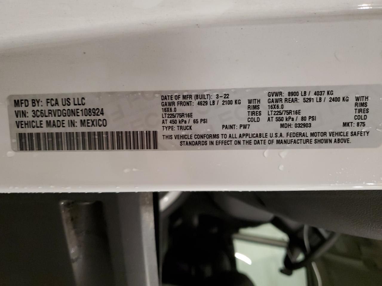 2022 Ram Promaster 2500 Delivery Van VIN: 3C6LRVDG0NE108924 Lot: 90518205