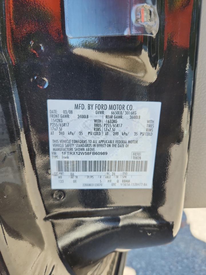 2008 Ford F150 VIN: 1FTRX12W58FB60989 Lot: 82539295