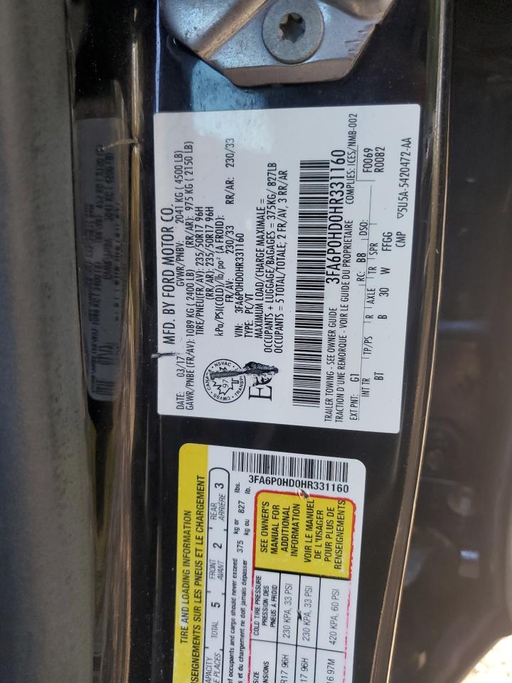 2017 Ford Fusion Se VIN: 3FA6P0HD0HR331160 Lot: 86252715