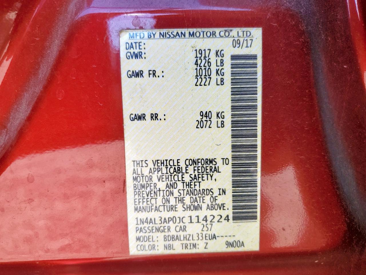 2018 Nissan Altima 2.5 VIN: 1N4AL3AP0JC114224 Lot: 85522775