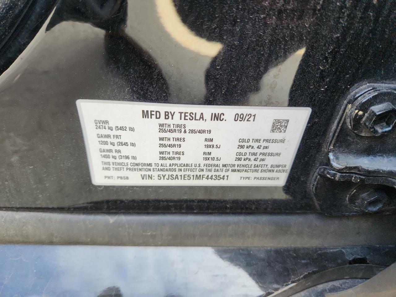 2021 Tesla Model S VIN: 5YJSA1E51MF443541 Lot: 84913435