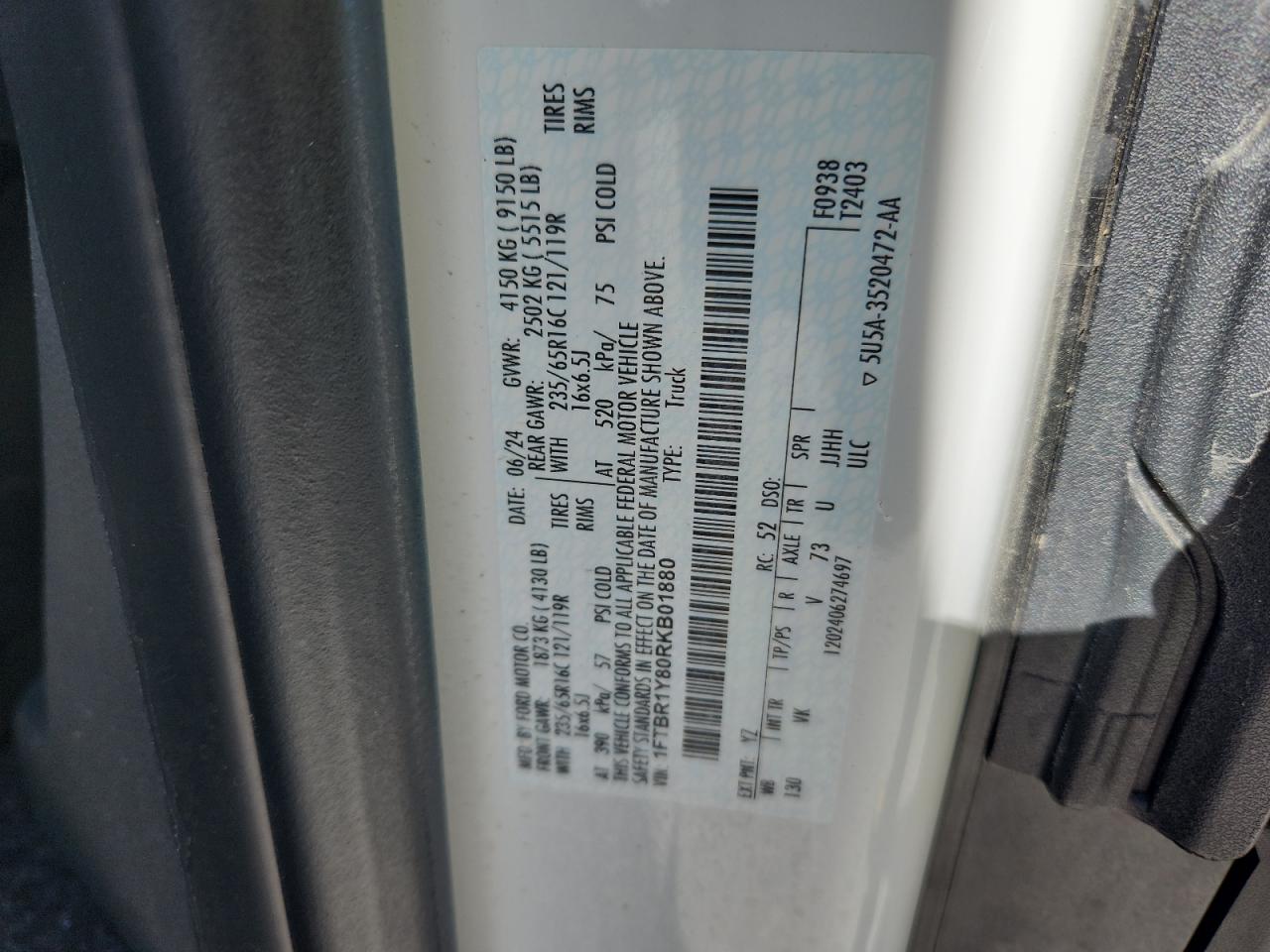 2024 Ford Transit T-250 VIN: 1FTBR1Y80RKB01880 Lot: 90989925