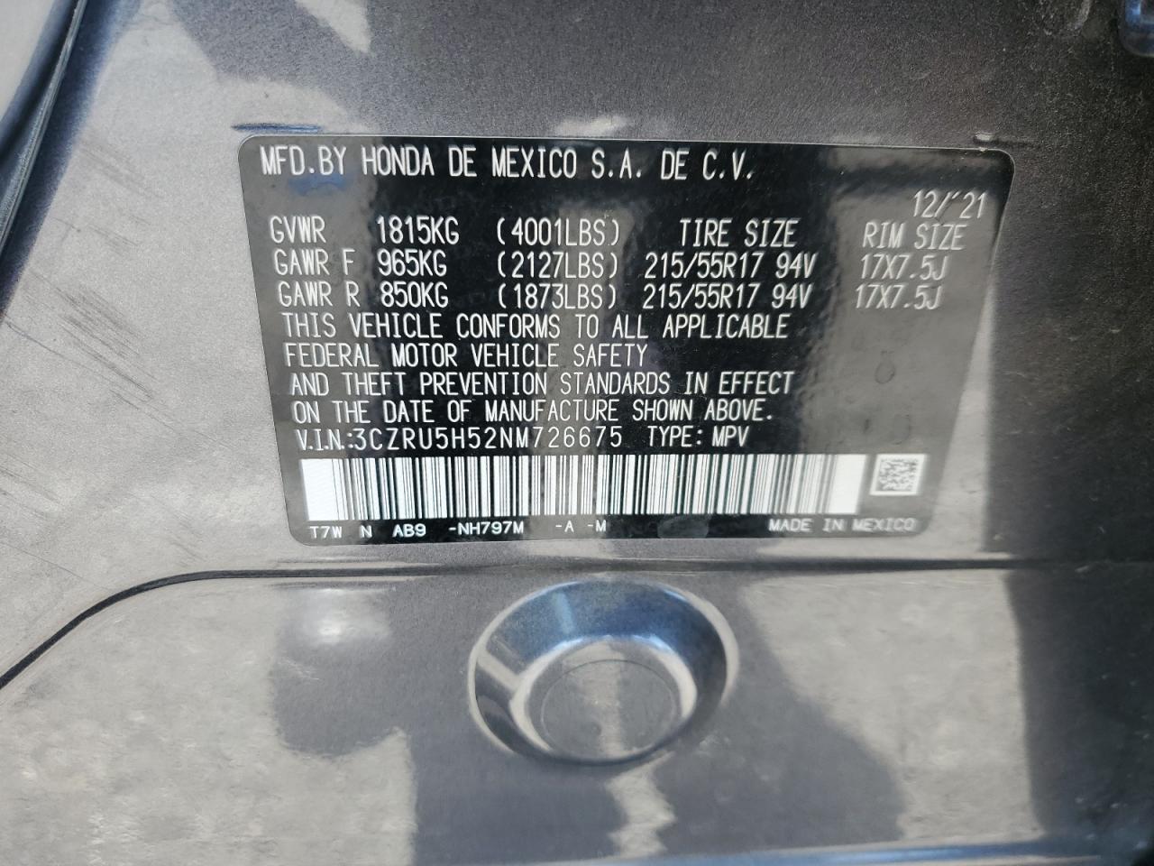 2022 Honda Hr-V Ex VIN: 3CZRU5H52NM726675 Lot: 84780085