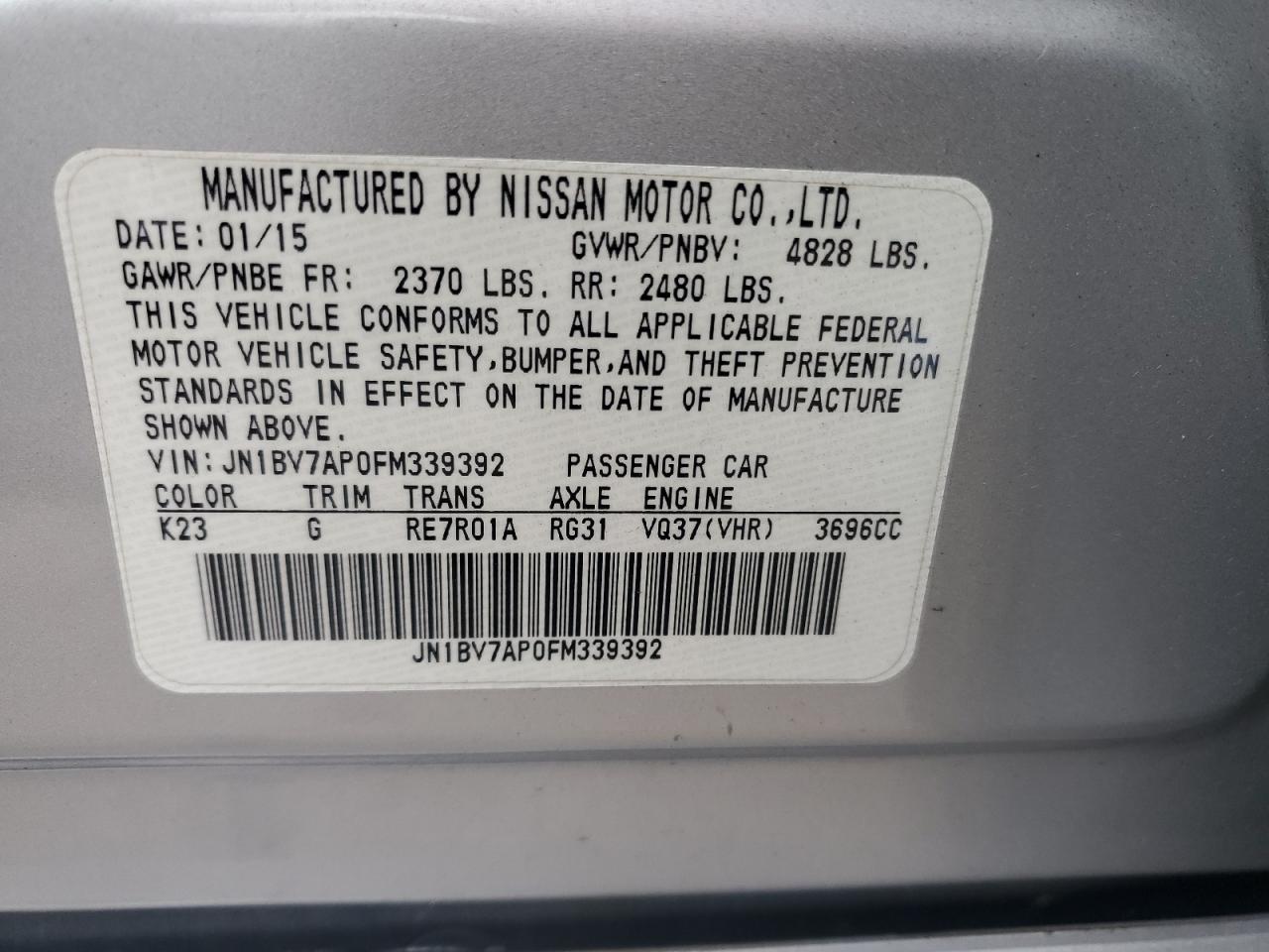 2015 Infiniti Q50 Base VIN: JN1BV7AP0FM339392 Lot: 90445095