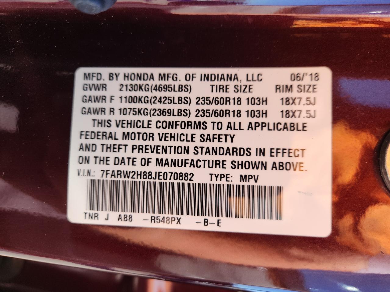 2018 Honda Cr-V Exl VIN: 7FARW2H88JE070882 Lot: 87264155