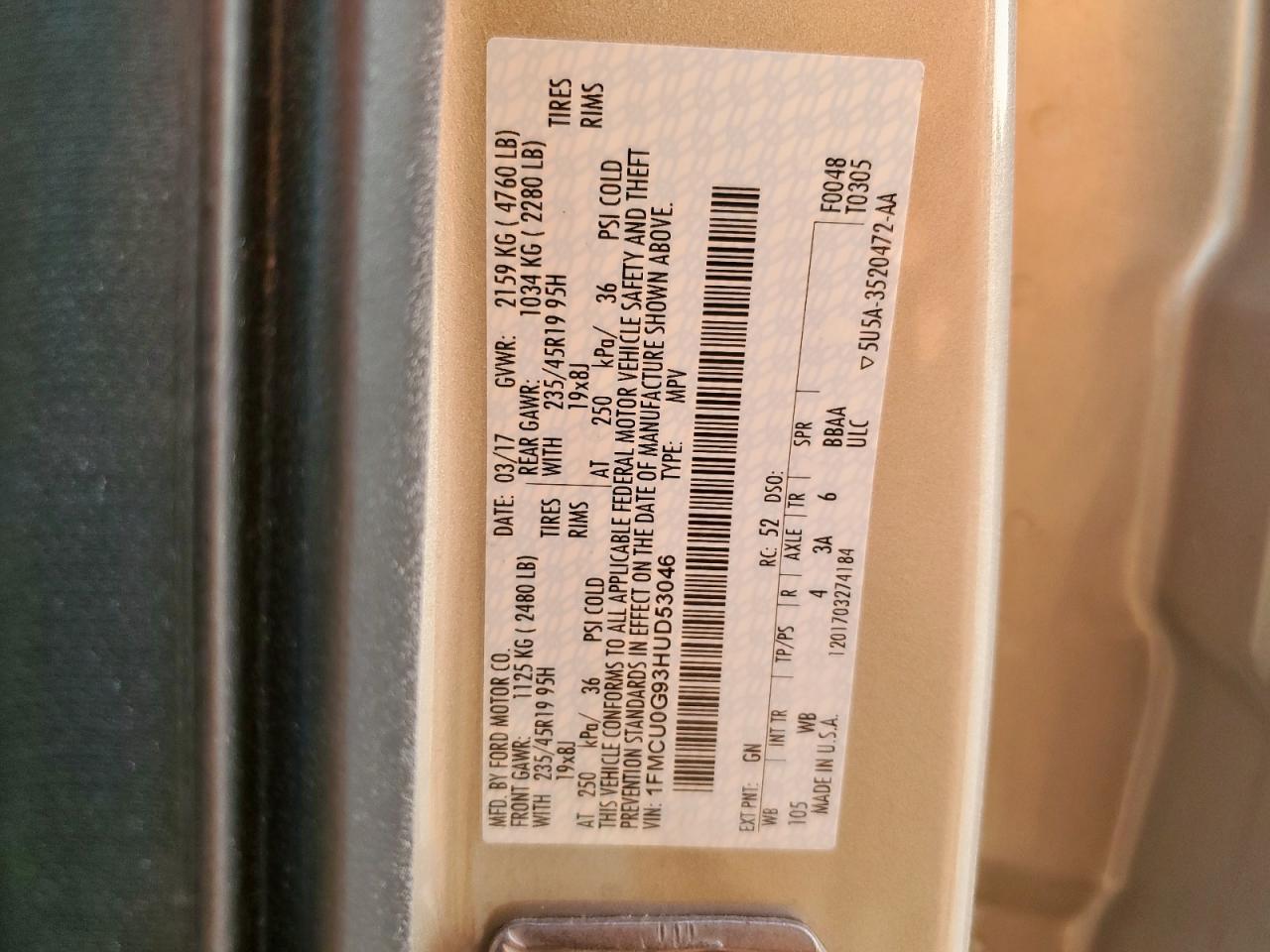 2017 Ford Escape Se VIN: 1FMCU0G93HUD53046 Lot: 85086705