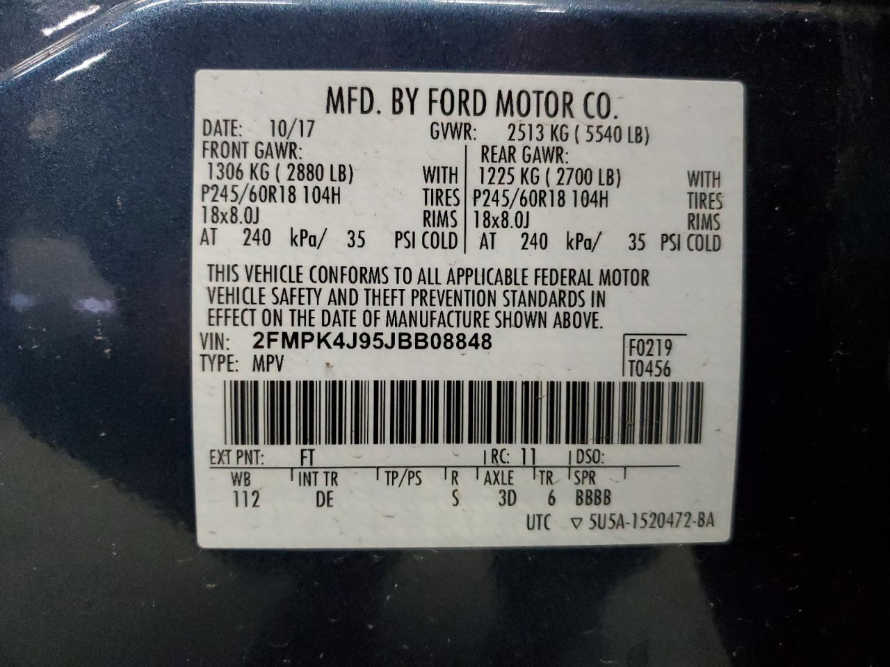 2018 Ford Edge Sel VIN: 2FMPK4J95JBB08848 Lot: 86846365