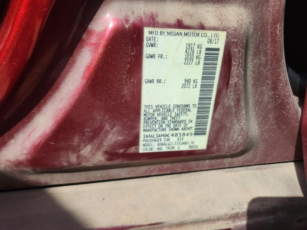 2017 Nissan Altima 2.5 VIN: 1N4AL3AP6HC485849 Lot: 86283325