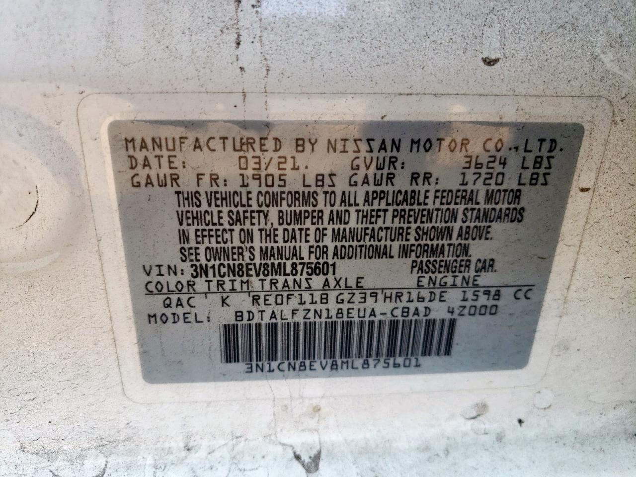 2021 Nissan Versa Sv VIN: 3N1CN8EV8ML875601 Lot: 85391055