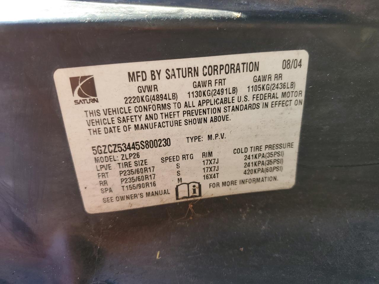 2005 Saturn Vue VIN: 5GZCZ53445S800230 Lot: 86263435