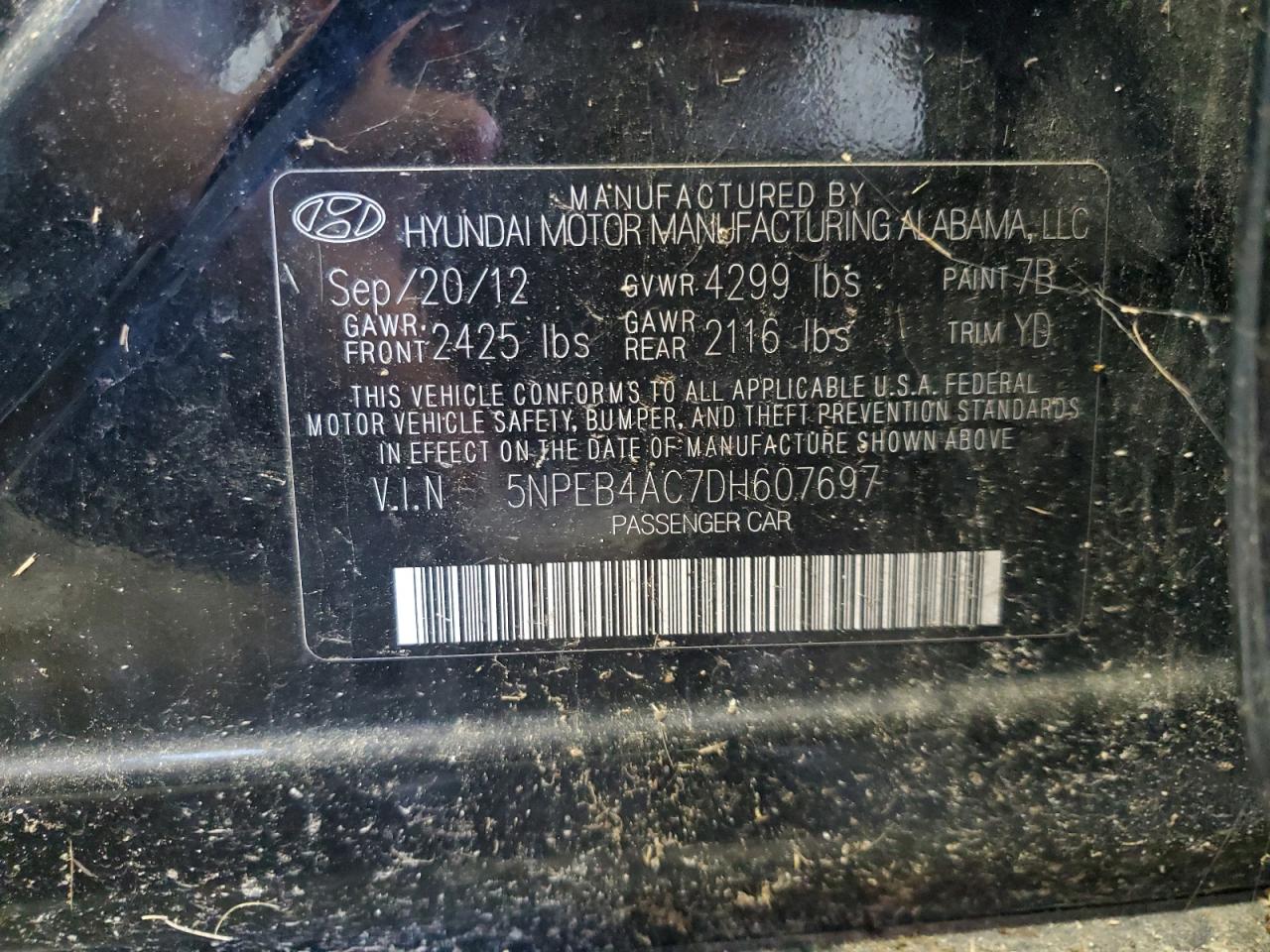 2013 Hyundai Sonata Gls VIN: 5NPEB4AC7DH607697 Lot: 81930795
