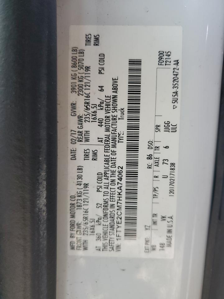 2017 Ford Transit T-150 VIN: 1FTYE2CM7HKA74062 Lot: 86124325