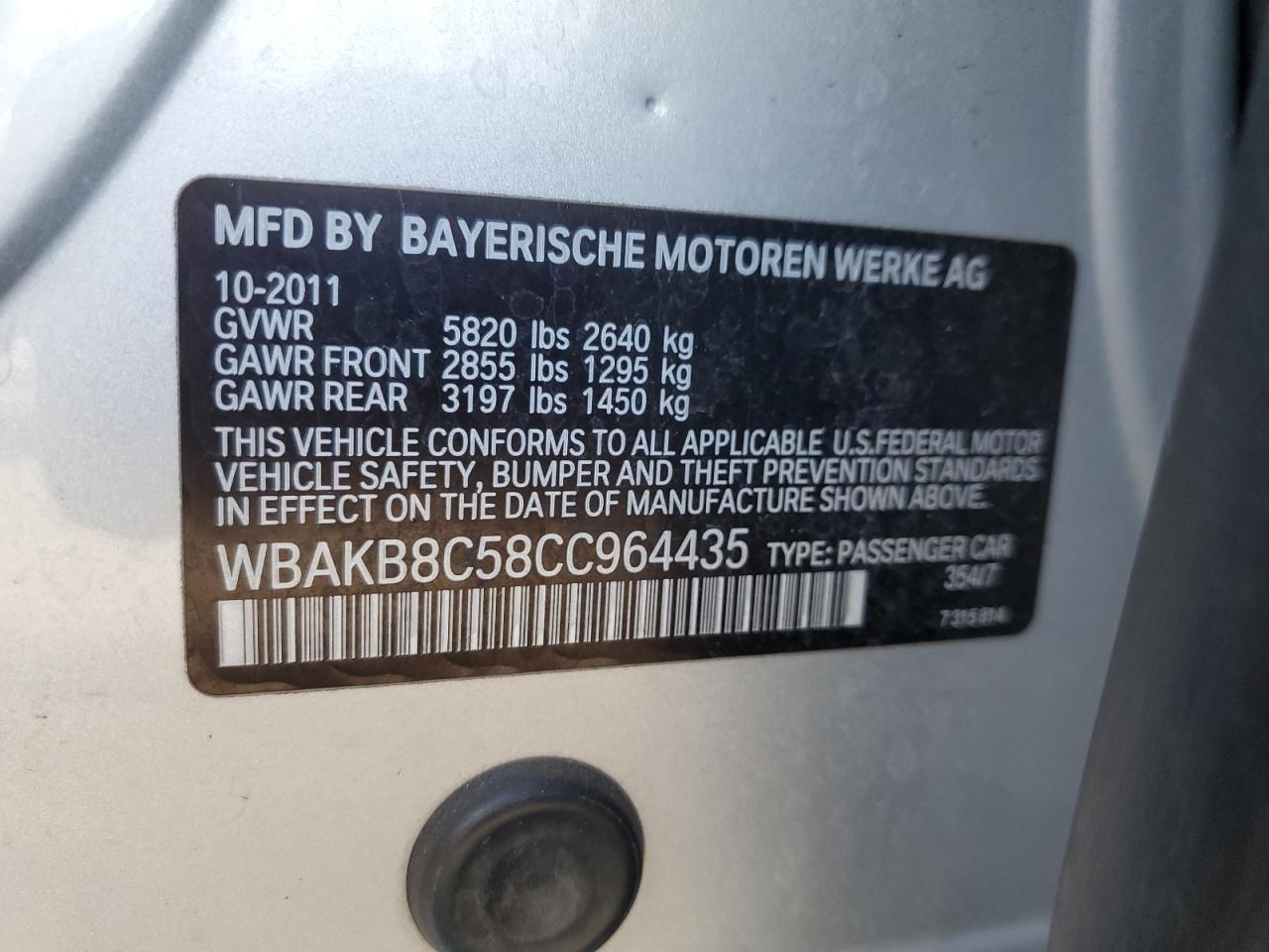 2012 BMW 750 Li VIN: WBAKB8C58CC964435 Lot: 85521695