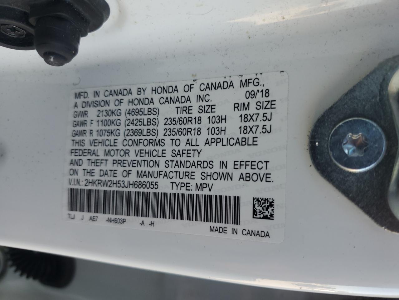 2018 Honda Cr-V Ex VIN: 2HKRW2H53JH686055 Lot: 86804675