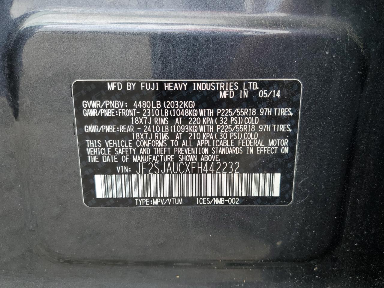 2015 Subaru Forester 2.5I Touring VIN: JF2SJAUCXFH442232 Lot: 86451045