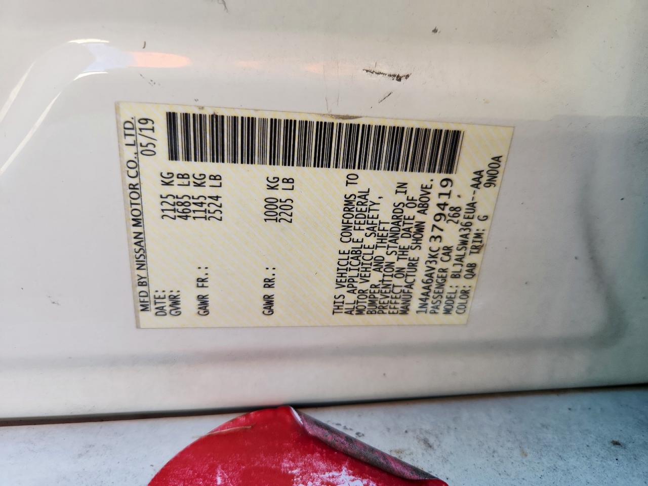 2019 Nissan Maxima S VIN: 1N4AA6AV3KC379419 Lot: 90882275