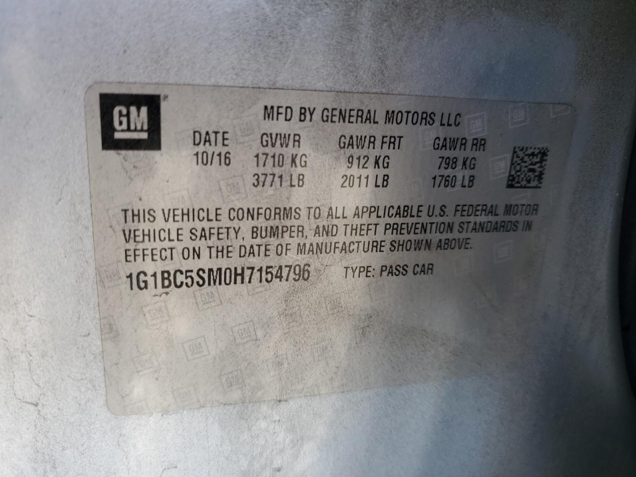 2017 Chevrolet Cruze Ls VIN: 1G1BC5SM0H7154796 Lot: 85142635