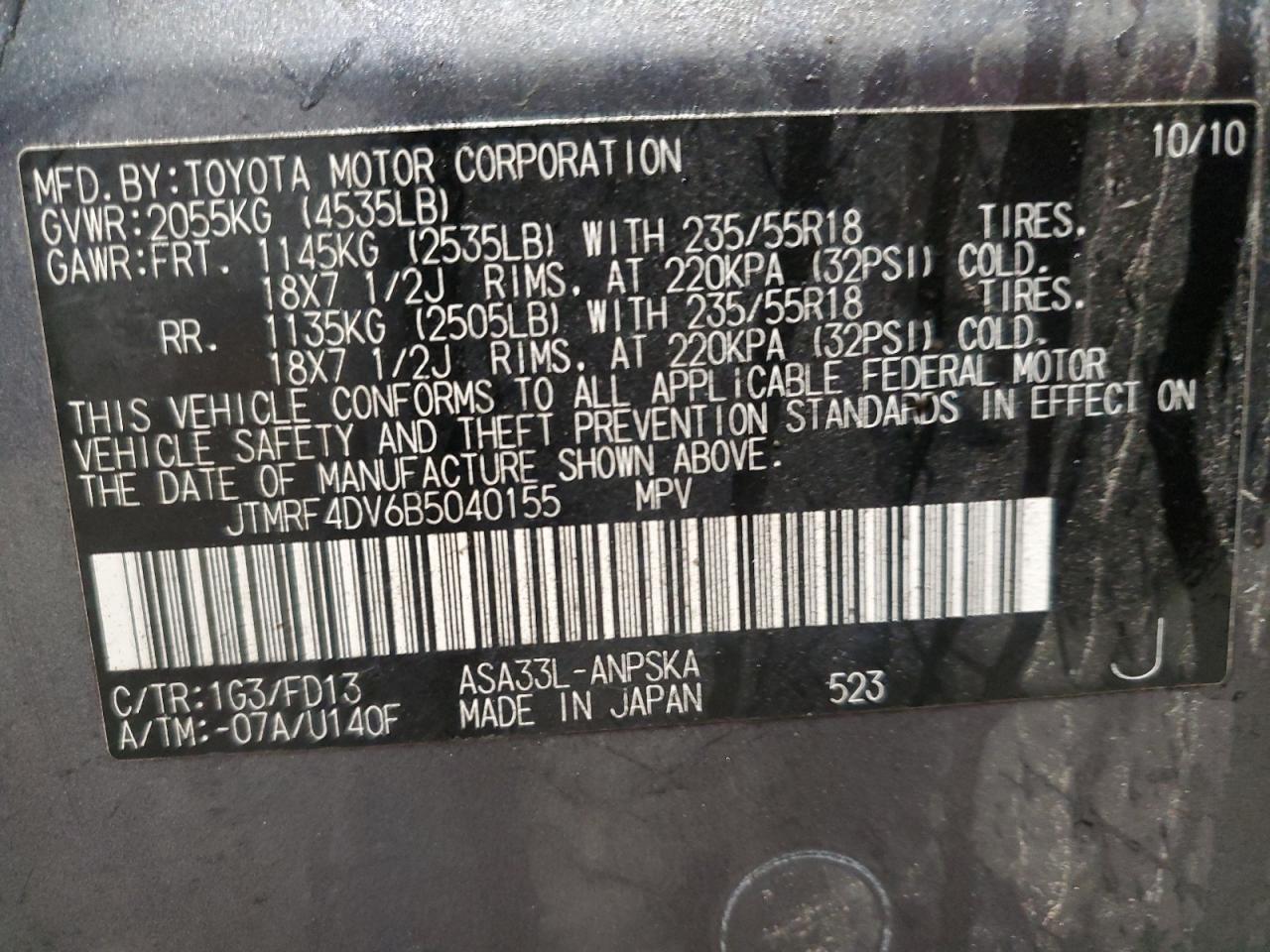 2011 Toyota Rav4 Sport VIN: JTMRF4DV6B5040155 Lot: 89532465