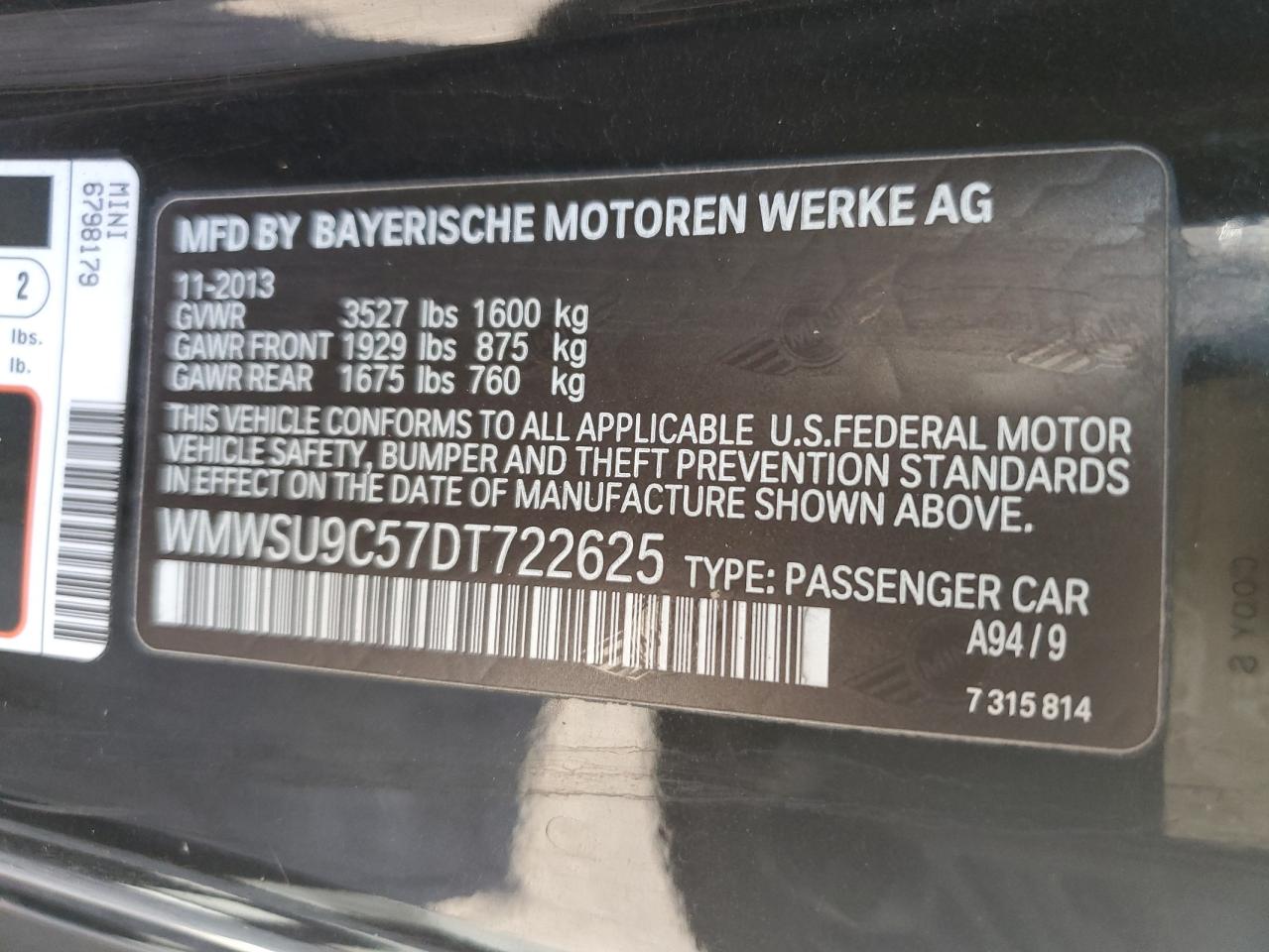 2013 Mini Cooper John Cooper Works VIN: WMWSU9C57DT722625 Lot: 82443685