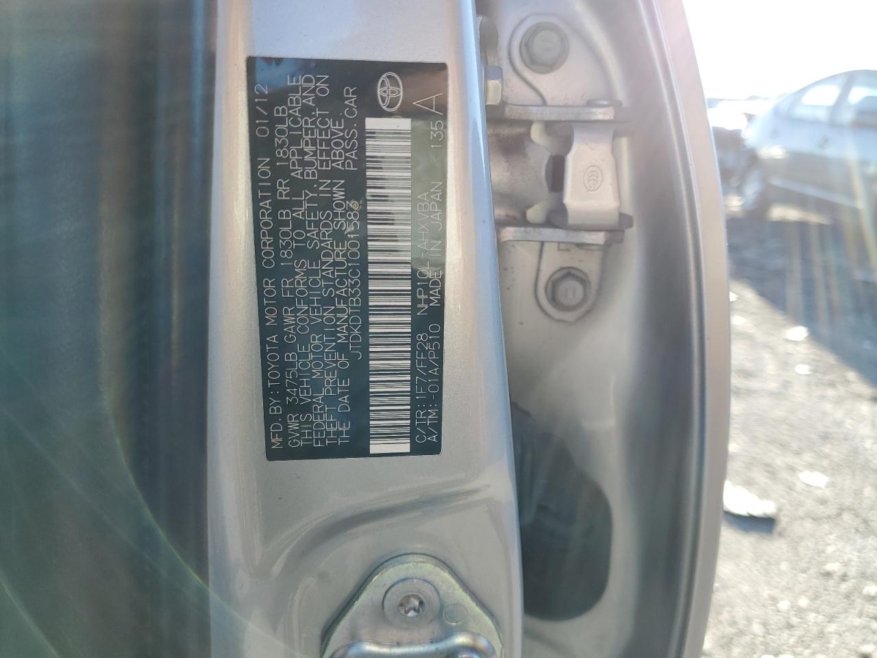 2012 Toyota Prius C VIN: JTDKDTB33C1001583 Lot: 85003225