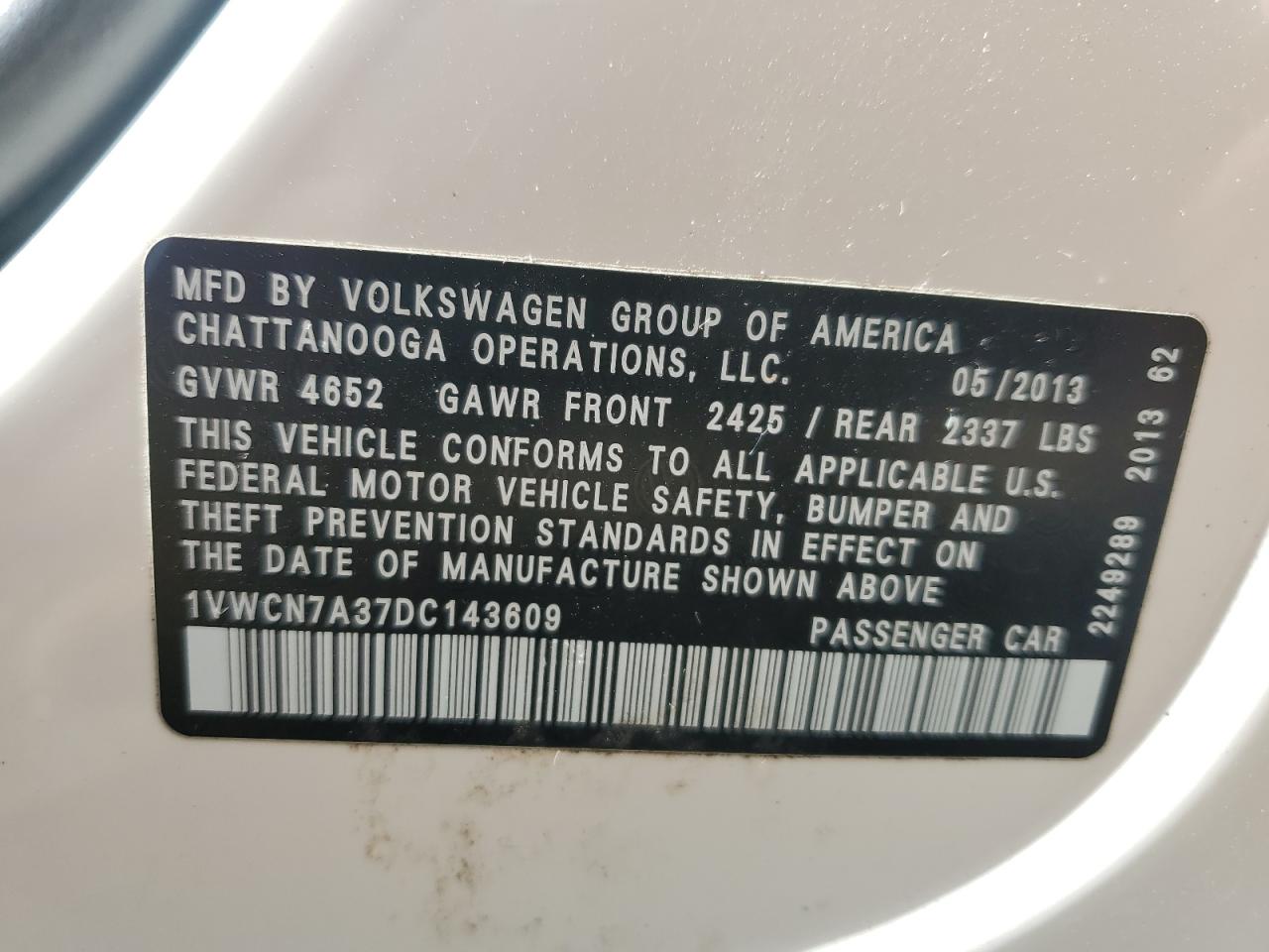 2013 Volkswagen Passat Sel VIN: 1VWCN7A37DC143609 Lot: 82342155