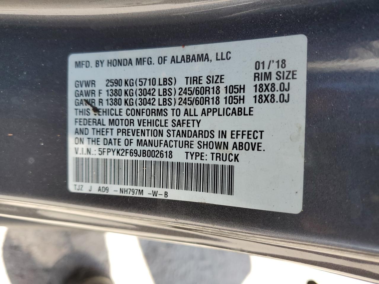 2018 Honda Ridgeline Rtl VIN: 5FPYK2F69JB002618 Lot: 82261675