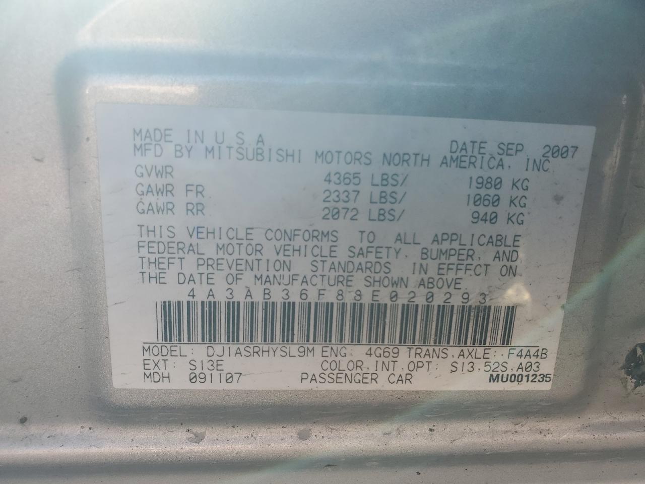 2008 Mitsubishi Galant Es VIN: 4A3AB36F88E020293 Lot: 87190745