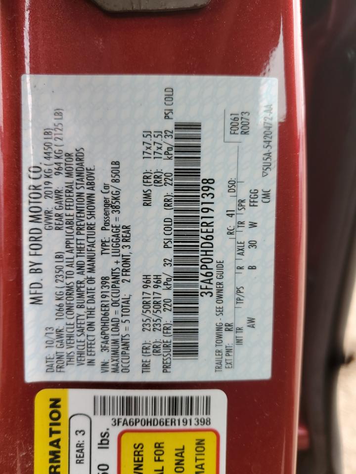 2014 Ford Fusion Se VIN: 3FA6P0HD6ER191398 Lot: 90466475