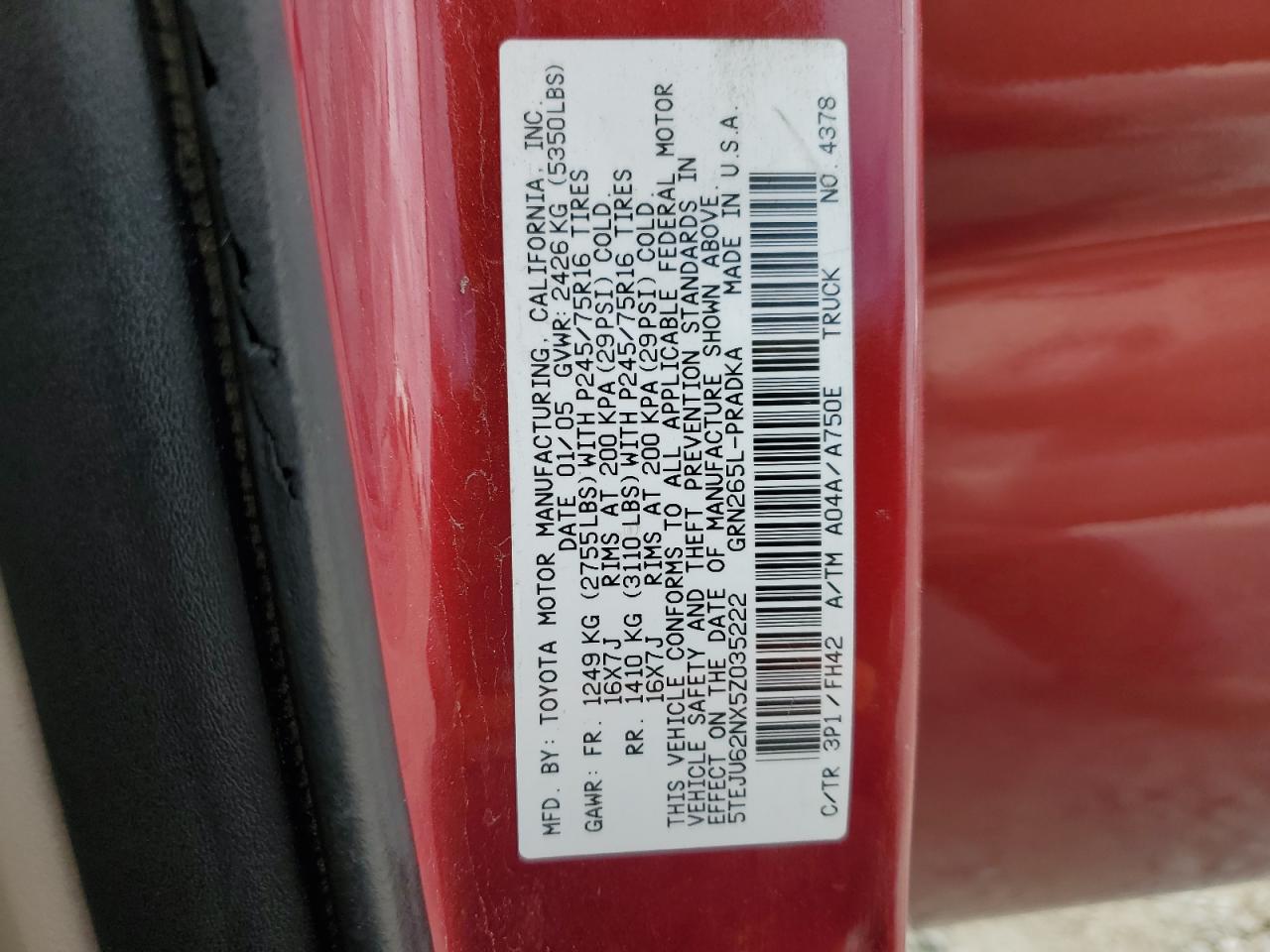 2005 Toyota Tacoma Double Cab Prerunner VIN: 5TEJU62NX5Z035222 Lot: 86265075